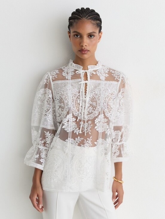 Reiss Tops - Reiss Demi Sheer Lace Tie-Neck Blouse in Ivory